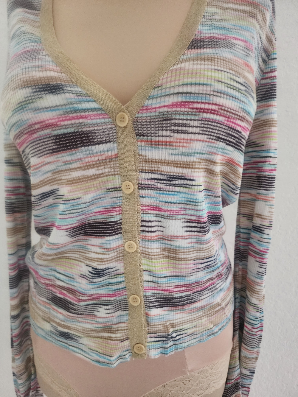M MISSONO | Multicolor Striped V-Neck Button Cardigan - Picture 9 of 16
